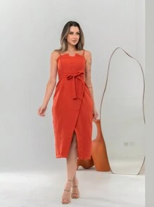 V761 Tailored Midi Dress With Straps - Burnt Orange - View 5