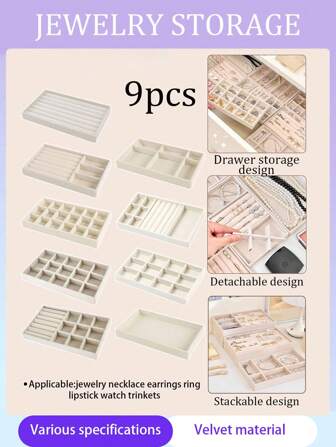 9 حبة / مجموعة صينية لتخزين المجوهرات، صينية عرض مجوهرات مصنوعة من المخمل قابلة للتكديس، صينية عرض مجوهرات ذات سعة كبيرة متعددة الأقسام، صينية عرض مجوهرات على شكل درج، صينية تخزين مجوهرات أنيقة، حامل مجوهرات محمول، صينية تخزين مستحضرات التجميل كلوت قطن