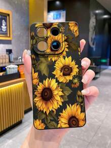 1 pieza Funda de teléfono a prueba de golpes con diseño de girasol compatible con Apple, compatible con Galaxy, compatible con Infinix, compatible con Redmi, compatible con OPPO, compatible con VIVO, compatible con Realme - Negro - Ver 3