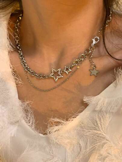Collier À Chaîne Style Punk Ajouré À Cinq Branches Étoile Adapté Pour Port Quotidien