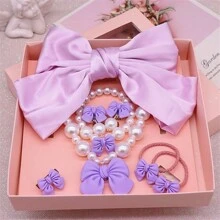 8 件儿童蝴蝶结发夹、发带、仿珍珠项链、手链、耳环、戒指首饰套装，多色，适合女孩的礼物 - 蝴蝶結 - 查看 14