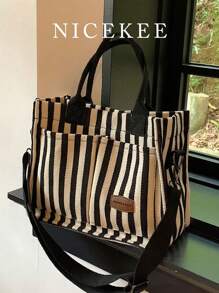 Bolso de hombro informal de rayas verticales versátil para mujer, para cartera y bolsa de mano, bolso grande para diario de lienzo con múltiples bolsillos y gran capacidad. Ligero bolso mensajero casual y de hombro, minimalista, para computadora portátil y deporte con múltiples compartimentos y bolsillos para estudiantes universitarias y adolescentes. Perfecto para la oficina, la universidad, la escuela secundaria, el trabajo, los negocios y el traslado.