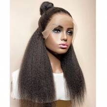 26 Inch 180Density Soft Black Yaki Kinky Straight Preplucked 13*4*1 Lace Front Wigs For Women With Babyhair Synthetic Heat Temperature Daily Cosplay Glueless Wig