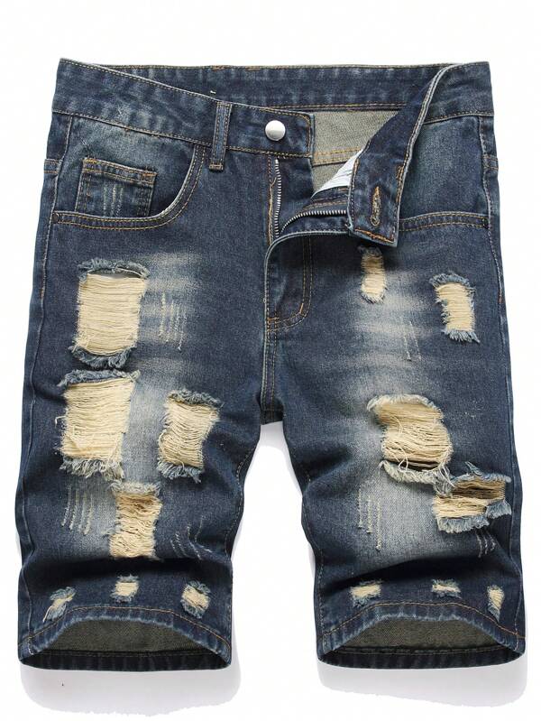 European And American Style Men's Ripped Slim Straight Mid-Length Denim Shorts Jorts