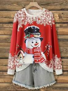 Christmas Snowman Print Long Sleeve Casual Loose Pullover Top - Red - View 3
