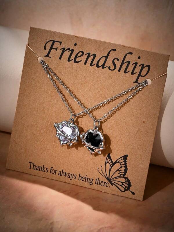 قلادتين بشكل قلب بنمط داكن بطبقة فضية عصرية مع تطعيم معدني وبلورات زركونيا مكعبة، هدية للأزواج والأصدقاء في عيد الحب،الأم،عيد الأم