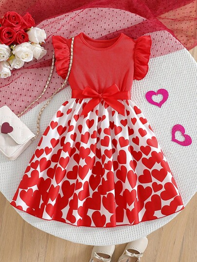 Rot gemustertes Herz-Jacquard-Strickpatchwork-Kleid mit Gürtel-Schleife-Taille, süß & modisch, geeignet für Frühling, Sommer, Herbst, Partys, Ausflüge