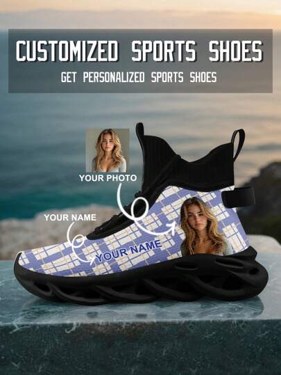 Customized High-Top Sports Shoes, Personalized Customized Your Photo And Name, Reflective Breathable Mesh Design, Fashionable And Comfortable Thick Sole Sneakers, Stylish And Soft Athletic Footwear For Men And Women