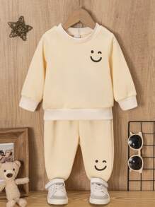 2pcs Baby Boys' Casual Loose Knit Smiling Face Print Crew Neck Long Sleeve Sweater And Pants Set, Suitable For Spring