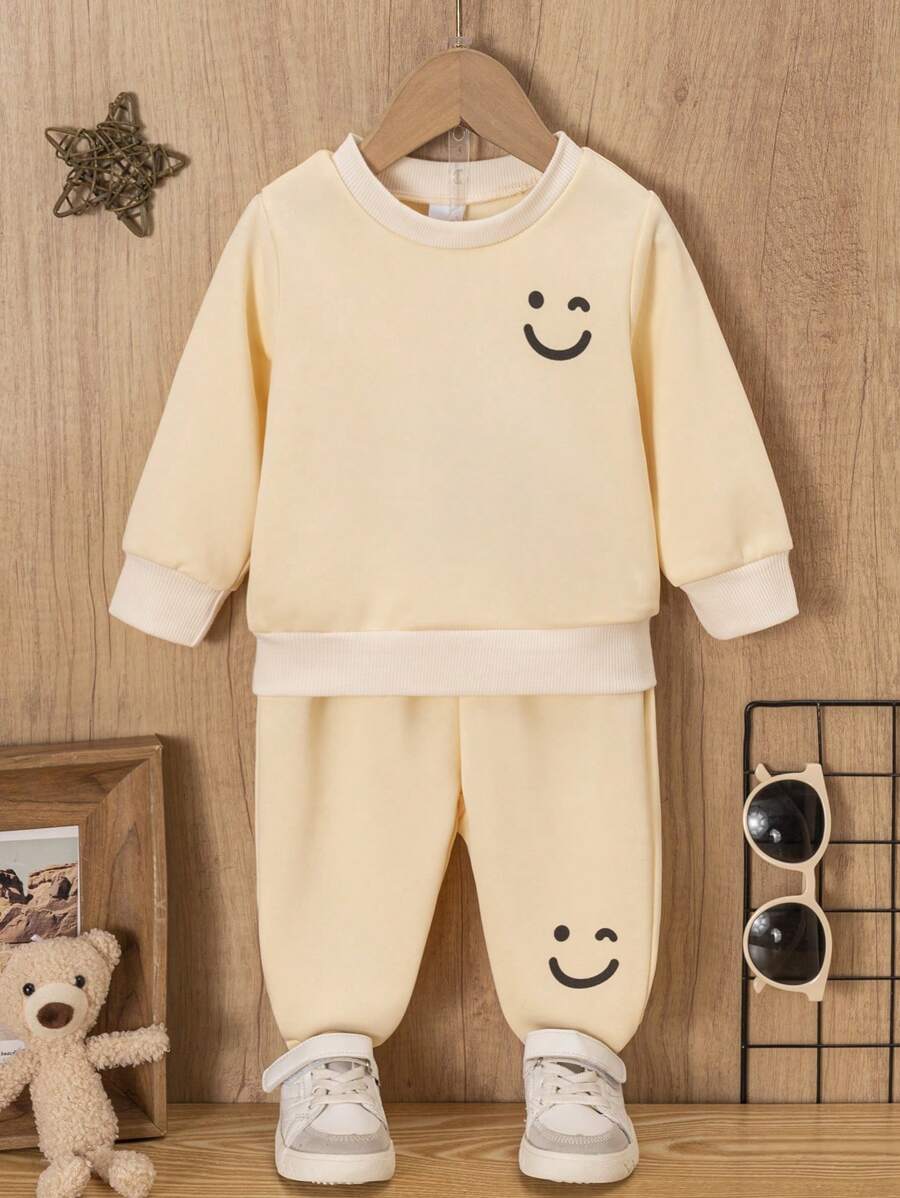 2pcs Baby Boys' Casual Loose Knit Smiling Face Print Crew Neck Long Sleeve Sweater And Pants Set, Suitable For Spring