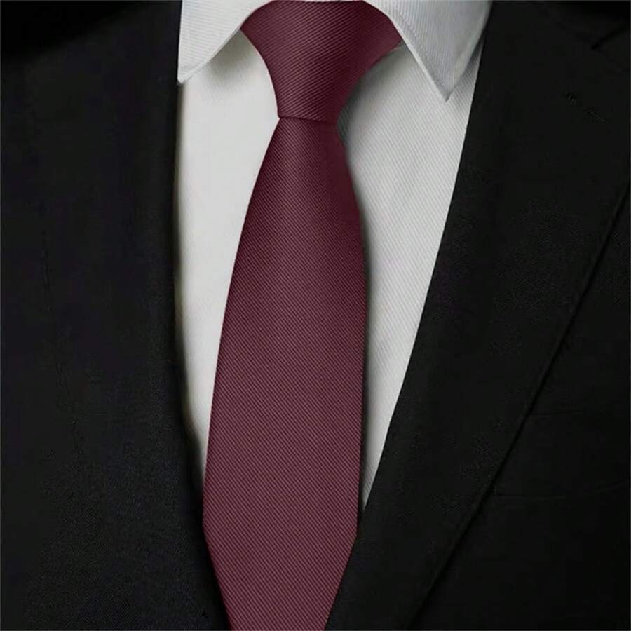 Slim Plain Twill Social Tie With Fine Lines - Màu Đỏ Sâu - Xem 1