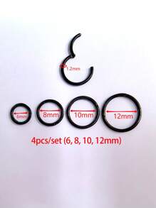 4 件防过敏不锈钢身体穿刺环（鼻、耳、唇、鼻中隔） - 6/8/10/12 毫米无缝 16G（1.2 毫米）铰链鼻环/眉环，银色、黑色、金色、玫瑰金、彩虹色身体首饰（多套） - 管徑1.2mm內徑6/8/10/12mm - 查看 12