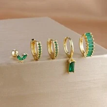 Conjunto de 5 piezas de pendientes con aro en cascada con colgante cuadrado enchapado en oro de 18K, para mujer. Incluye pendientes de cartílago con cubic zirconia rosa, de cobre y acero inoxidable
