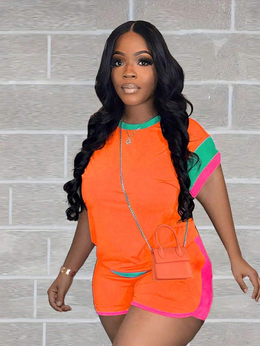 Summer New S391154 Multi-Color Casual Set For Women, European & American Fashion, Loose Fit Concealing Two Pieces Shorts & Short Sleeve Top - Orange - View 1