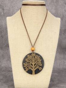 1 Set Of 3pcs Wooden Bead Necklaces, Including Creative Vintage Christmas Tree, Distressed Spiral Metal, And Retro Letter & Crooked Heart Alloy Pendant Necklaces, Unisex Sweater Chain, Gift For Friends And Family - Round Wooden Sign - View 5