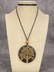 1 Set Of 3pcs Wooden Bead Necklaces, Including Creative Vintage Christmas Tree, Distressed Spiral Metal, And Retro Letter & Crooked Heart Alloy Pendant Necklaces, Unisex Sweater Chain, Gift For Friends And Family - Round Wooden Sign - View 7