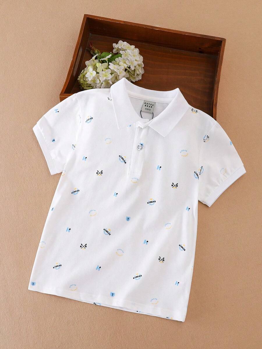 Back To School Kids Boys Letter Print Polo Shirt With Collar, Summer