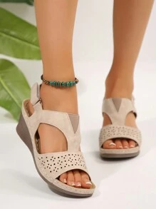 Women's Hollow Out Breathable Platform Wedge Sandals, Summer European And American Style, Hook And Loop - Beige - View 2
