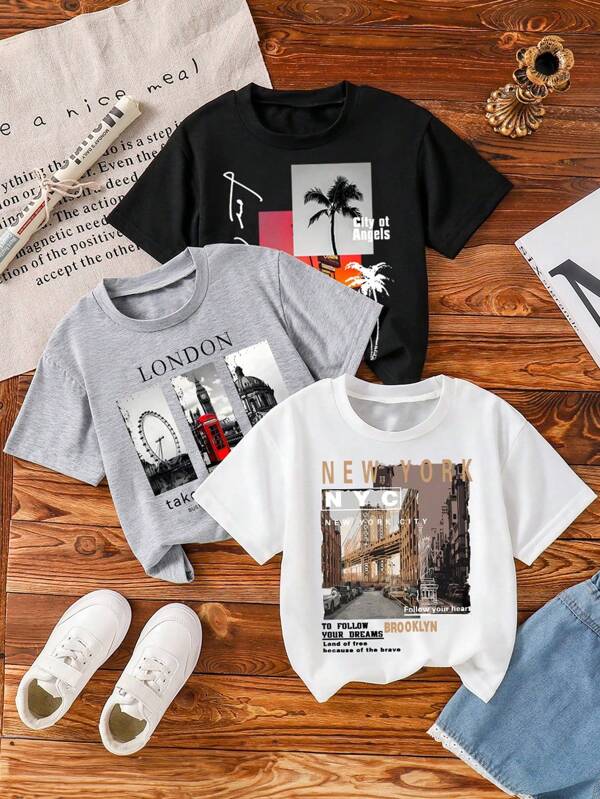 3pcs Tween Boys' Landscape Print Short Sleeve Casual T-Shirts
