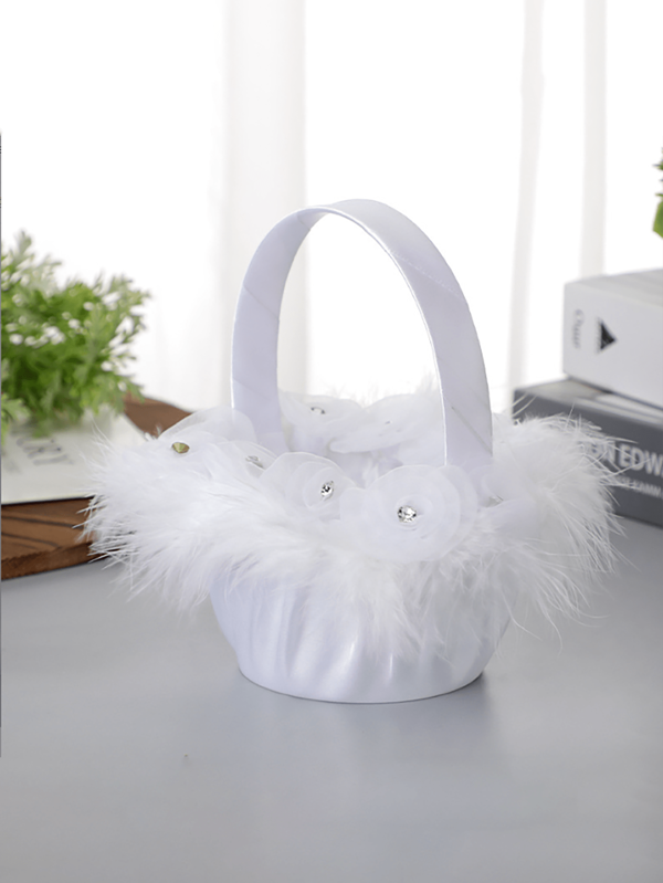 1pc Polyester Flower Girl Basket, Miniature Basket Decorated With Feathers And Rhinestones, Wedding Ceremony Decoration, Bridal, Flower Girl, All Seasons