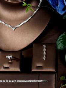1 Set Simple Cubic Zirconia Diamond Shaped Jewelry Set, Suitable For Women's Daily Wear - Silver - View 3