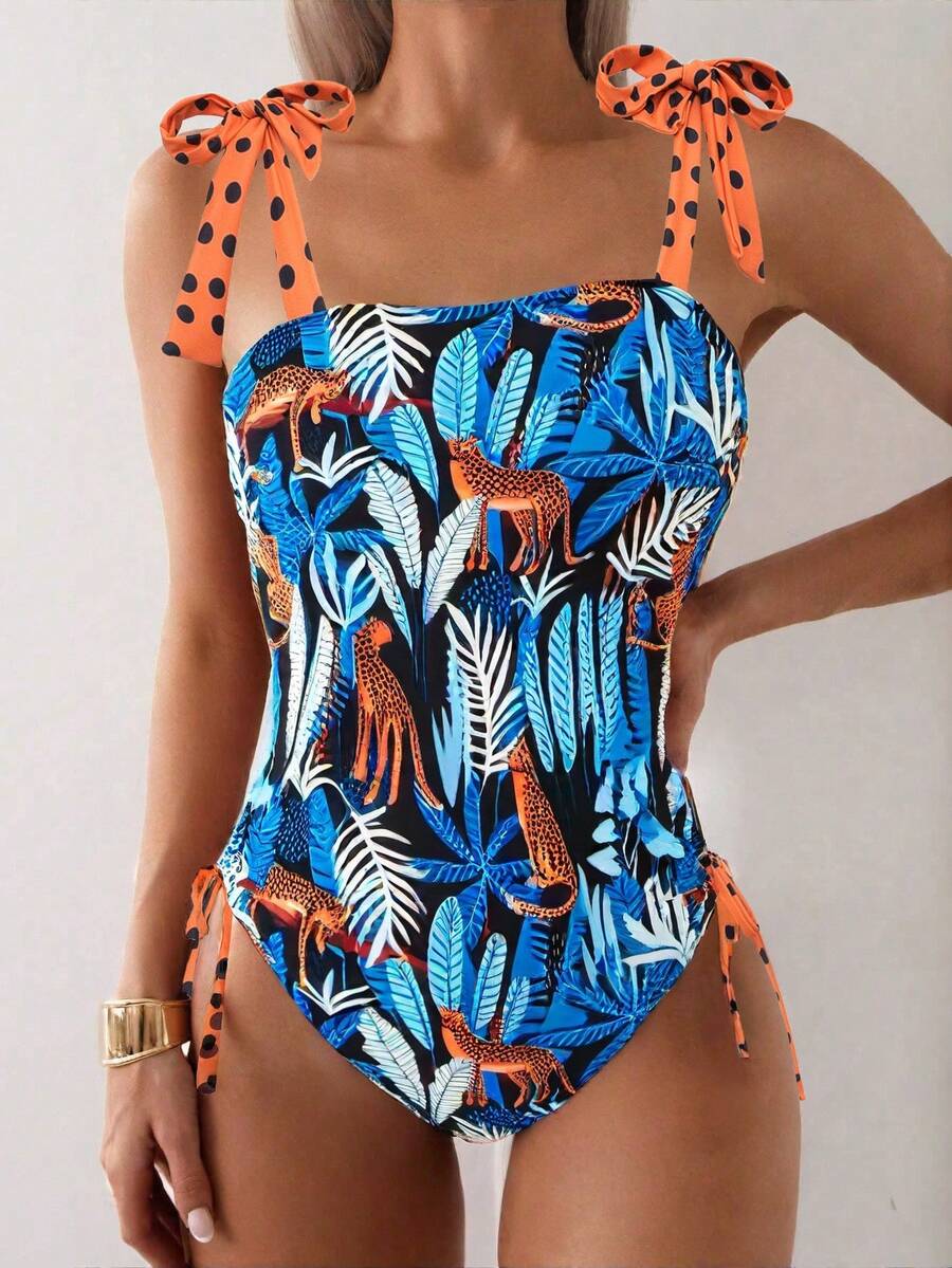 New Sexy Leopard Print Halter One-Piece Swimsuit, Drawstring Tie Front, Skinny, Supportive, Slim Down, Suitable For Summer Beach Pool, Vacation