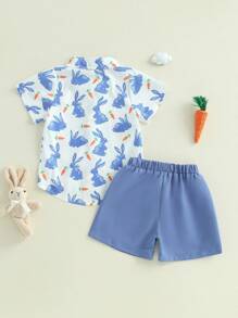 Get Ready For Easter With This Toddler Boy Easter Shorts Set - Bunny Carrot Print Short Sleeve Button-Up Shirt, Comfortable Elastic Waistband  Pockets