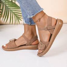 New Summer Open Toe Women Sandals, Casual Beach Comfortable Flat Breathable Shoes With Metal Buckle Thick Non-Slip Soles