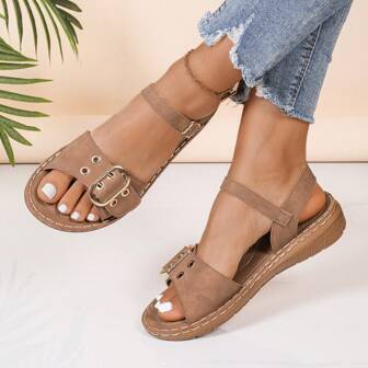 New Summer Open Toe Women Sandals, Casual Beach Comfortable Flat Breathable Shoes With Metal Buckle Thick Non-Slip Soles