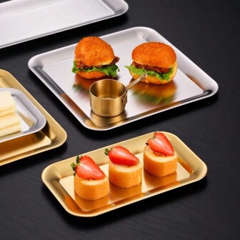 4 件装加厚不锈钢方形盘子、小吃盘、早餐托盘、餐盘、烧烤盘、蘸料碗，适用于厨房储存、烧烤、火锅、派对、宴会、户外活动
