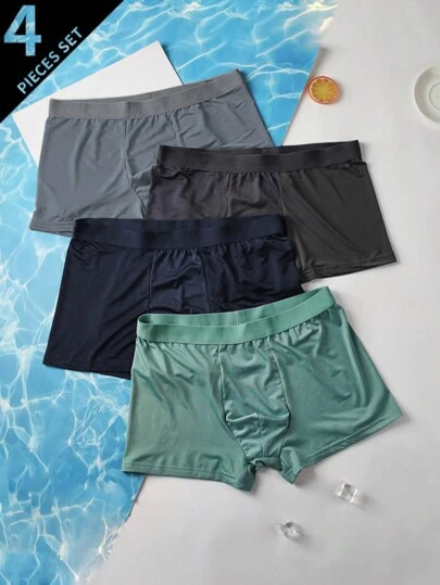 4 件装男士纯色透气弹力冰丝平角内裤，舒适平角短裤，休闲内衣，冰丝运动服，加大码