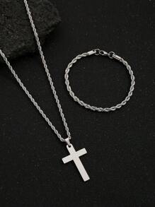 Men's Retro Cuban Link Cross Pendant Necklace And Bracelet Set - Silver - View 2