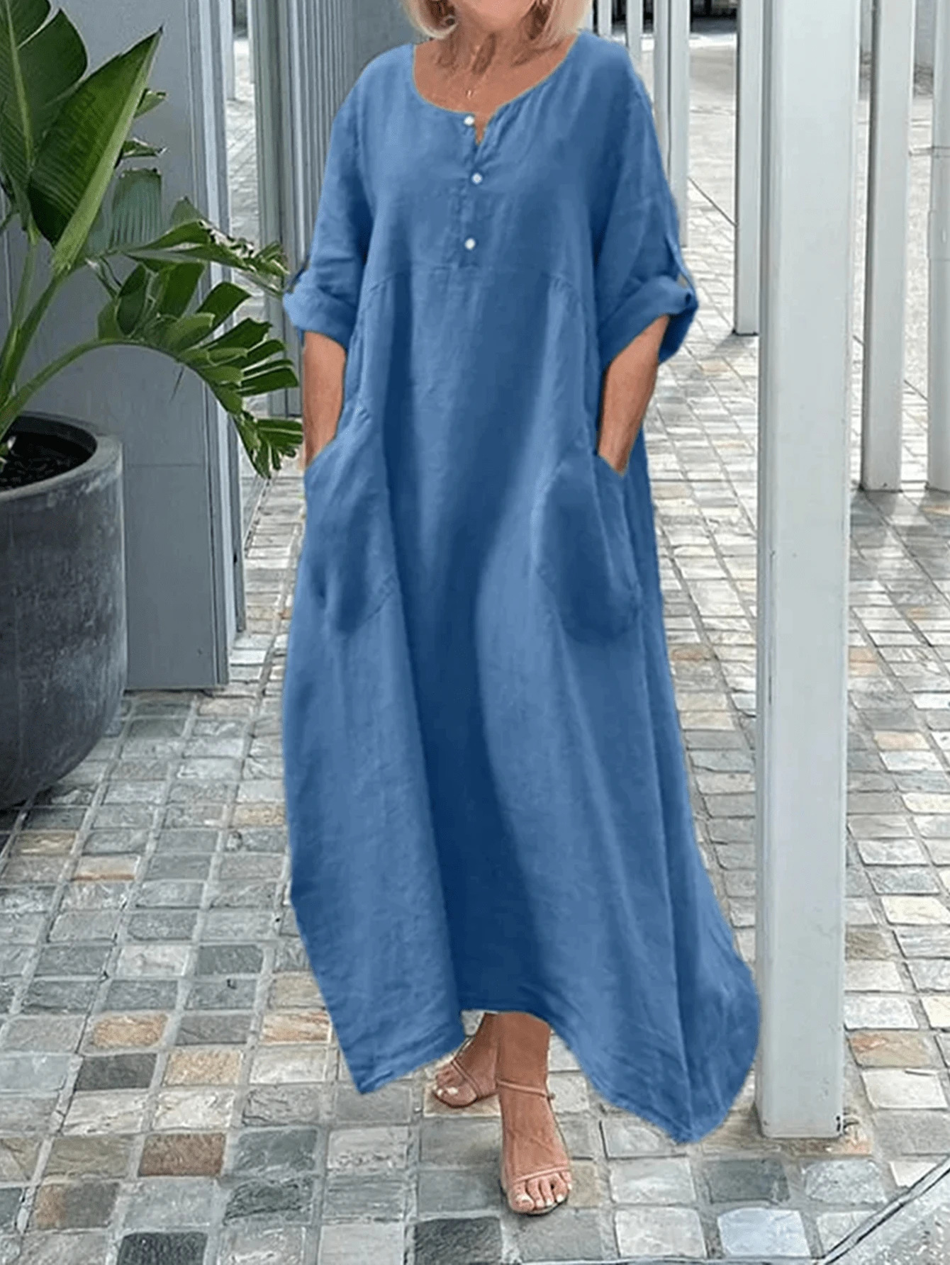 Women's Solid Color Button Front Pocket Simple Casual Long Dress - Blue - View 1