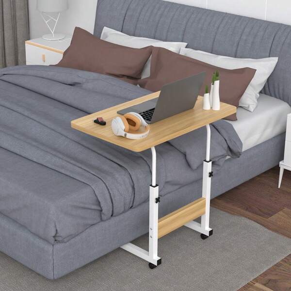 Table d'ordinateur Mobile avec plateau 60x40cm, Table pour Ordinateur Portable avec Hauteur Réglable 69-90cm, Table de Canapé Roulante pour Lit Bureau Debout,  Facile à déplacer avec roulettes, Blanc / Chêne