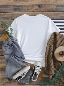 Girls Eye Print Round Neck Short Sleeve Casual T-Shirt
