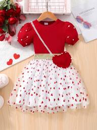 Young Girl Solid Color Ribbed Short Sleeve Top + Heart Mesh Skirt 2 Pieces Set Heart Crossbody Bag, Summer