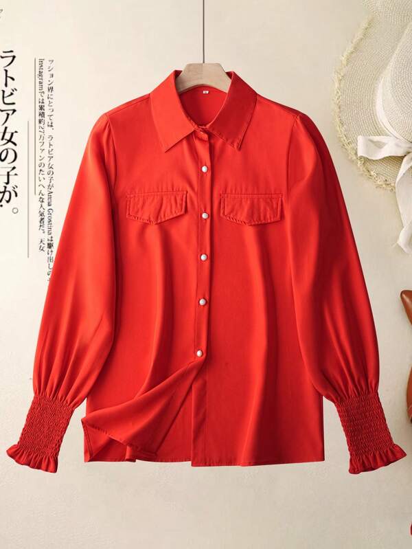 Fashionable Women Shirt, Fake Pocket Button Decorative Simple Casual Everyday Wear