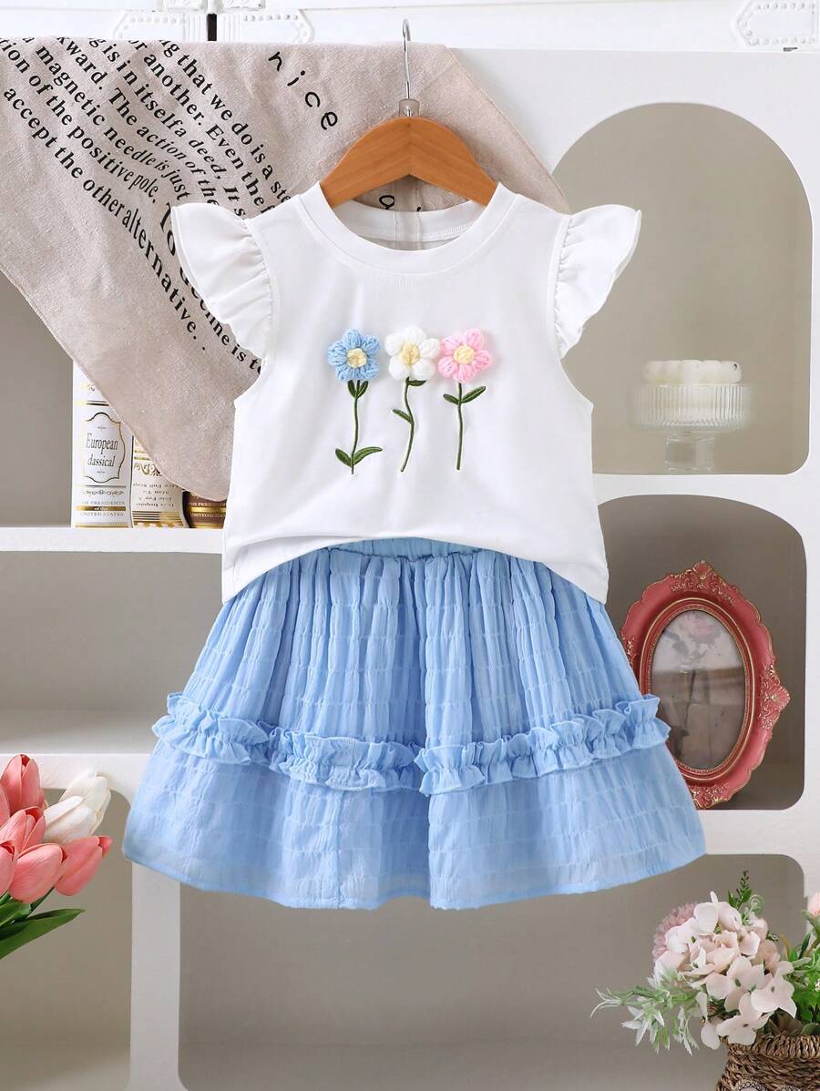 年轻女孩春夏 3D 刺绣盖袖上衣和网眼裙 2 件套，休闲 - 藍色 - 查看 1