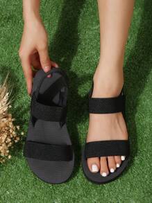 Women's Black Elastic Strap Flat Sandals, Casual Slip On Open Toe Slippers, Crossover Straps, Suitable For Daily Wear, Travel, Beach, Vacation, All Seasons - Black - View 1
