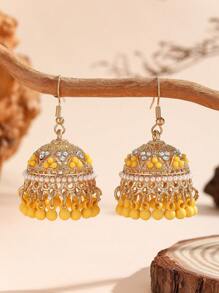 1 Pair Casual Beaded Style Hollow Drop Earrings, Decorated With Tassel & Bells, Suitable For Women's Daily Wear, Festivals, Weddings And Parties/Jewelry Gifts