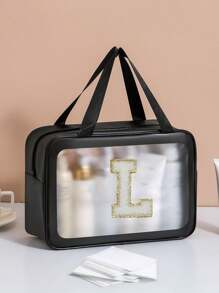 1 pièce Grand sac de toilette transparent de voyage à grande capacité, sac de maquillage portatif dépoli et imperméable, sac de lavage multifonctionnel avec 26 lettres à bord doré pour une combinaison libre, indispensable pour croisière, plage, vacances, salle de bain, camp d'été, décoration de salle de bain, organisateur de maquillage, accessoires de salle de bain, rentrée scolaire