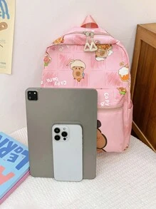 1 pieza de mochila de tela de nailon con estampado de letras de dibujos animados para niños y niñas, lindo bolso escolar para estudiantes en el campus, mochila pequeña y de moda adecuada para viajes diarios