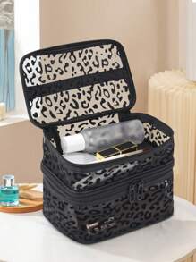 1 pieza Bolsa de maquillaje de malla negra con estampado de leopardo de doble capa, portátil y de gran capacidad, adecuada para almacenar cosméticos y herramientas de maquillaje, ideal para uso doméstico y al aire libre, regalo esencial para mujeres, bolsa de aseo de viaje para maquillaje, bolsa con cremallera para accesorios de manicura, bolsa de cosméticos, neceser, bolsa de cosméticos, bolsa de cosméticos pequeña, regalo de Navidad, bolsa pequeña, bolsa de regalo/bolso pequeño, bolsa de almacenamiento de cosméticos, bolsa de almacenamiento mini, bolsa de almacenamiento de gran capacidad, regalo de Navidad, regalo creativo para mujeres - Negro - Ver 5