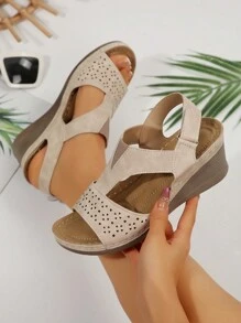 Women's Hollow Out Breathable Platform Wedge Sandals, Summer European And American Style, Hook And Loop - Beige - View 3