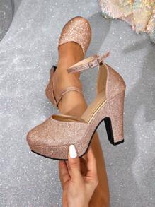 Rose Gold Shiny Peep Toe High Heel Platform Pumps, Daily, Party, Wedding Versatile Fashion High Heels For Women
