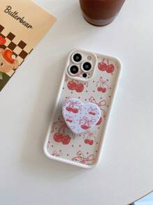 1pc Phone Case With Heart-Shaped Phone Holder, Butterfly & Cherry Pattern, Camera Protection Design Compatible With Iphone 11 Pro Max/12 Pro Max/13 Pro Max/14 Pro Max/15 Pro Max/IPhone 16 Plus/IPhone 16 Pro Max, Redmi, OPPO/Realme, VIVO, Infinix, Honor, MOTO, Itel, One Plus - White - View 7