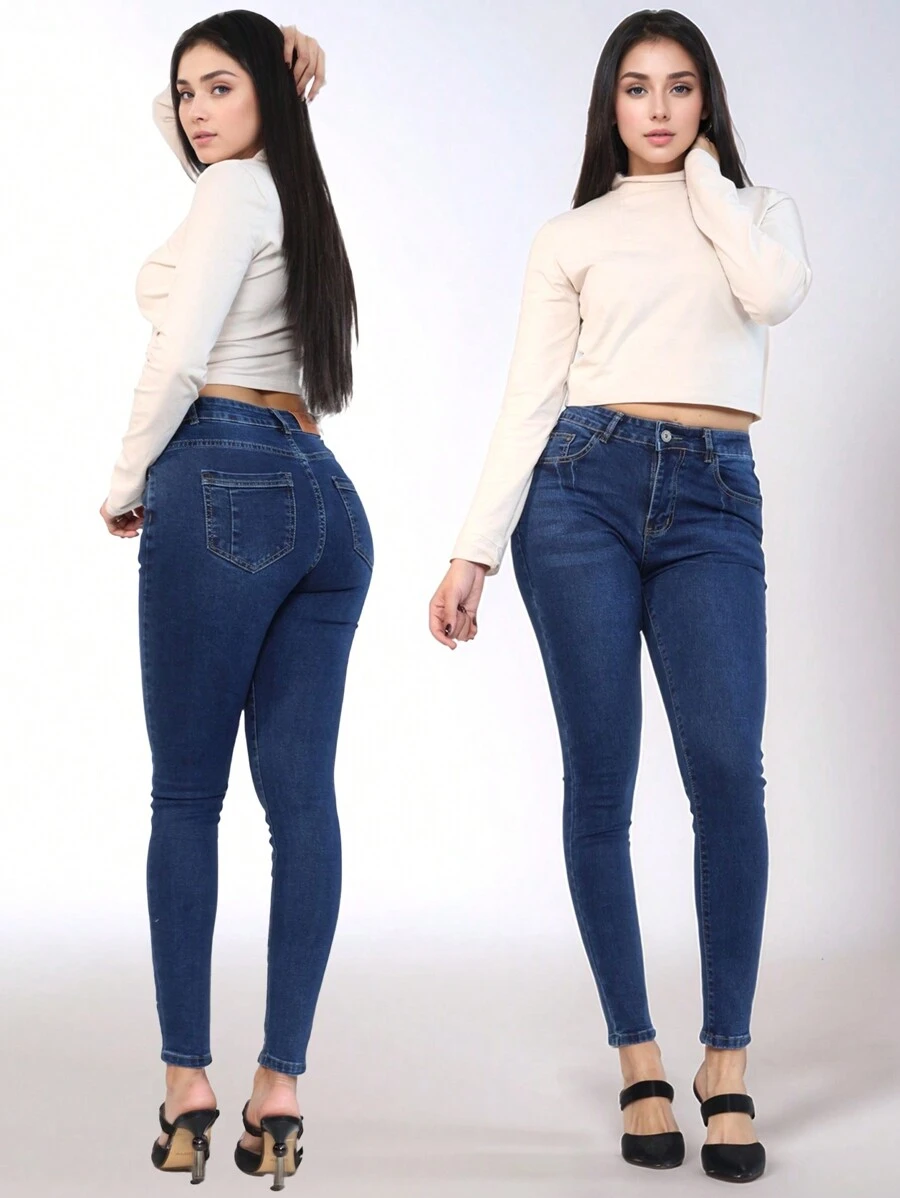 Fashionable Skinny Jeans In Classic Dark Blue, Highlight An Elegant Figure. - 深色水洗藍 - 查看 1