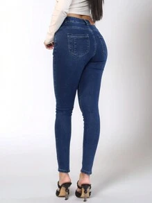 Fashionable Skinny Jeans In Classic Dark Blue, Highlight An Elegant Figure. - 深色水洗藍 - 查看 3