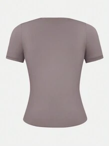 XLLAIS Small Round Neck Short Sleeve Solid Basic Skinny Women Casual T-Shirt - Coffee Brown - View 5