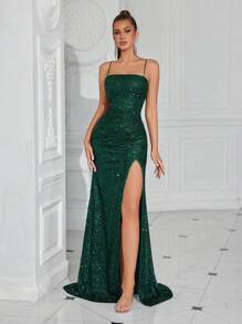 ADYCE Women's Sequin Criss-Cross Backless High Slit Spaghetti Strap Party Dress, Suitable For Parties, Events, Wedding Guests, New Year - Dark Green - View 7
